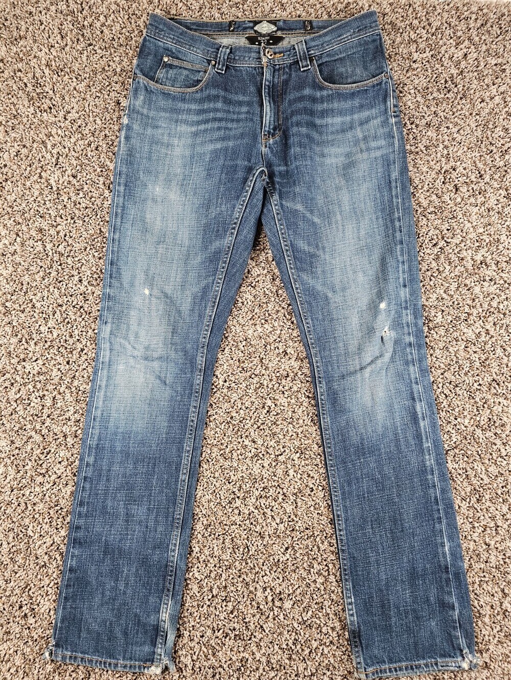 Dravus Mens Sz 32 Slim Fit Boot Cut Blue Jeans Lightly Distressed Denim